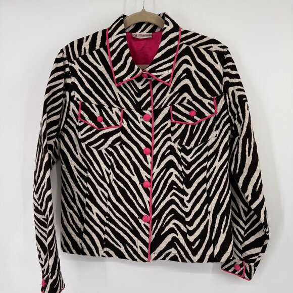 3 Sisisters Zebra Print Jacket  Pink Piping  Buttons Cotton Womens Size Large - Picture 5 of 14